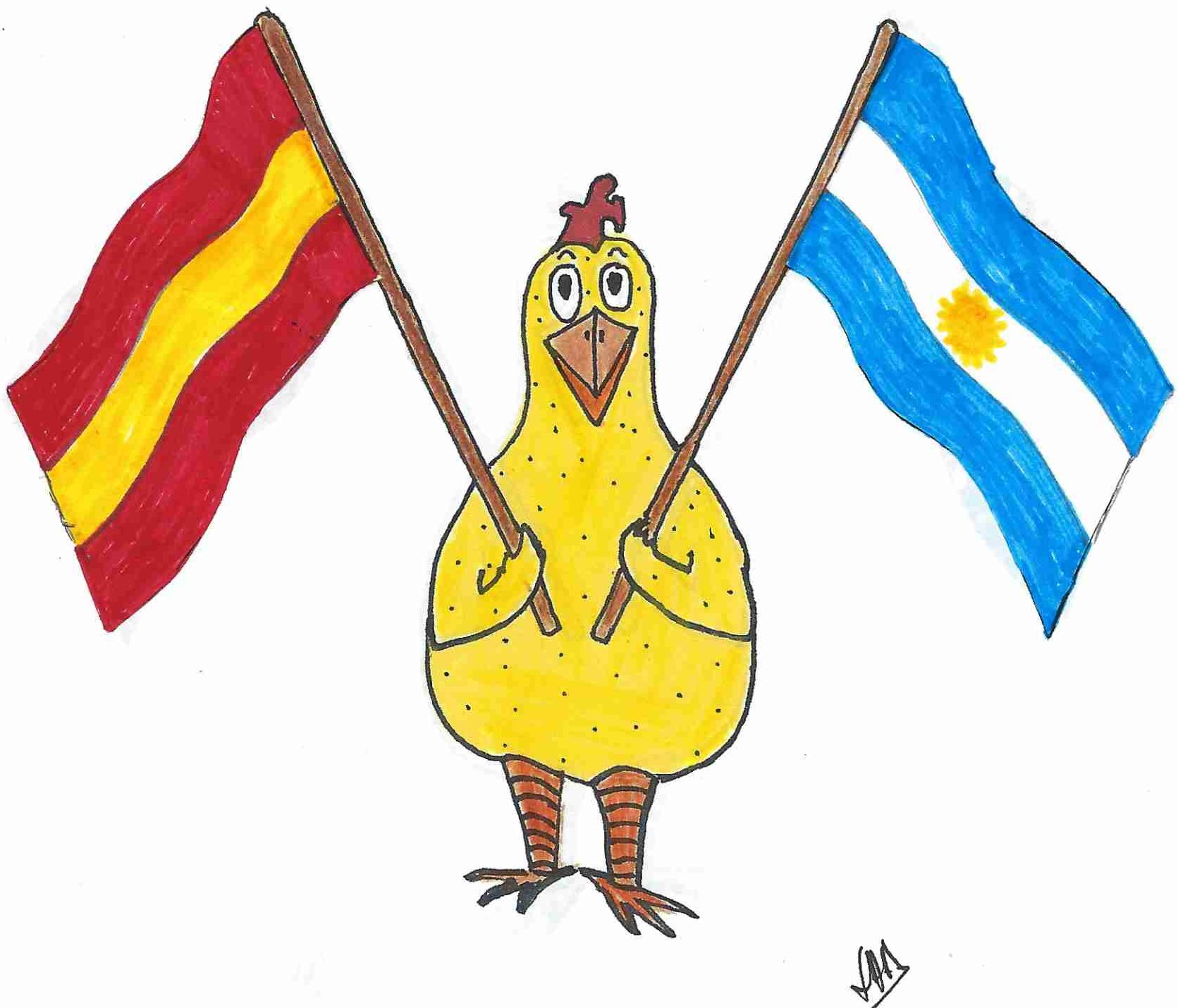 Hand-drawn chick holding Spain and Argentina's flags